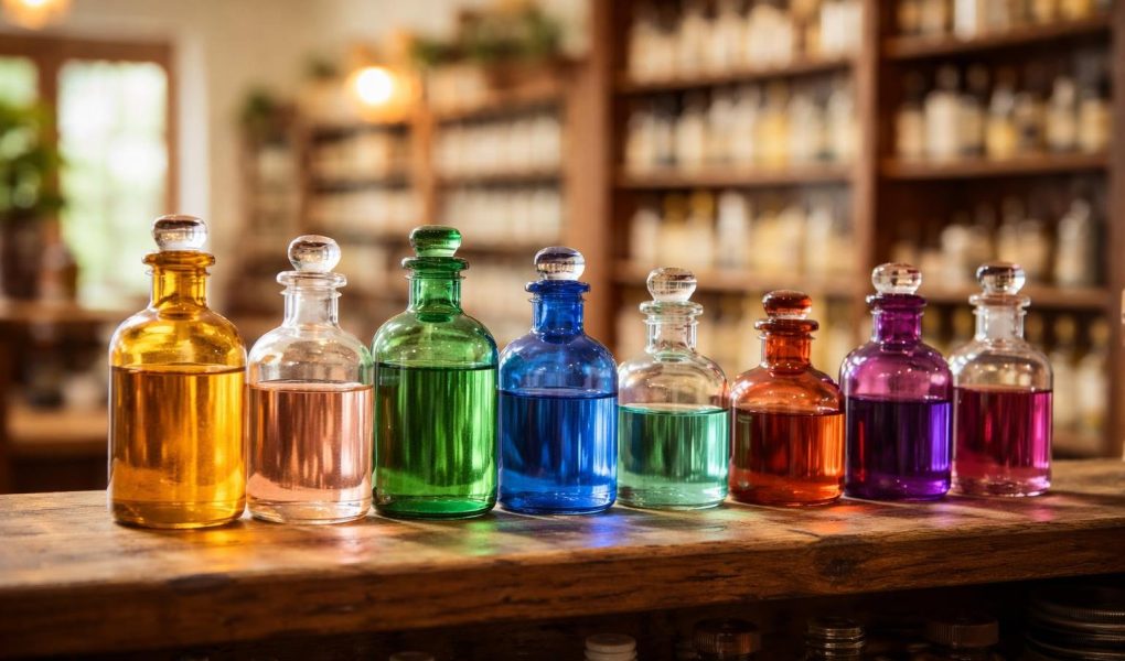 flacons-colores-etagere-bois-pharmacie