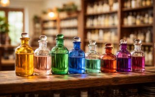 flacons-colores-etagere-bois-pharmacie
