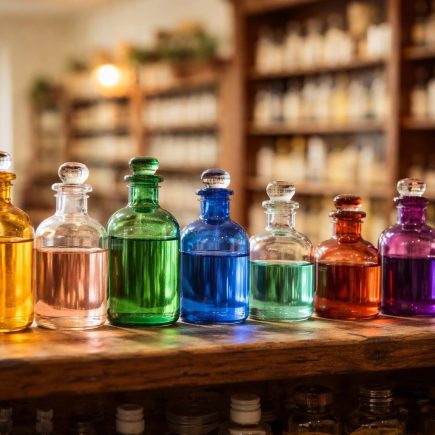 flacons-colores-etagere-bois-pharmacie