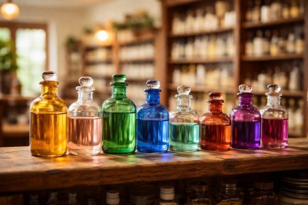 flacons-colores-etagere-bois-pharmacie