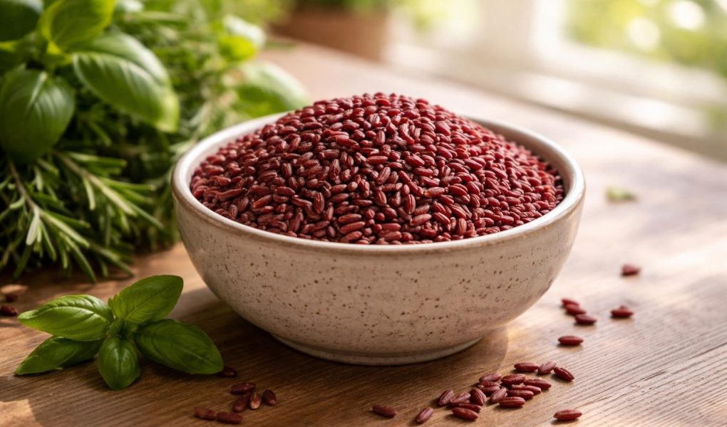 bol-levure-riz-herbes-table-bois
