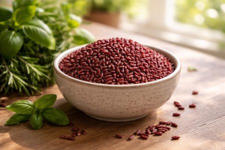bol-levure-riz-herbes-table-bois