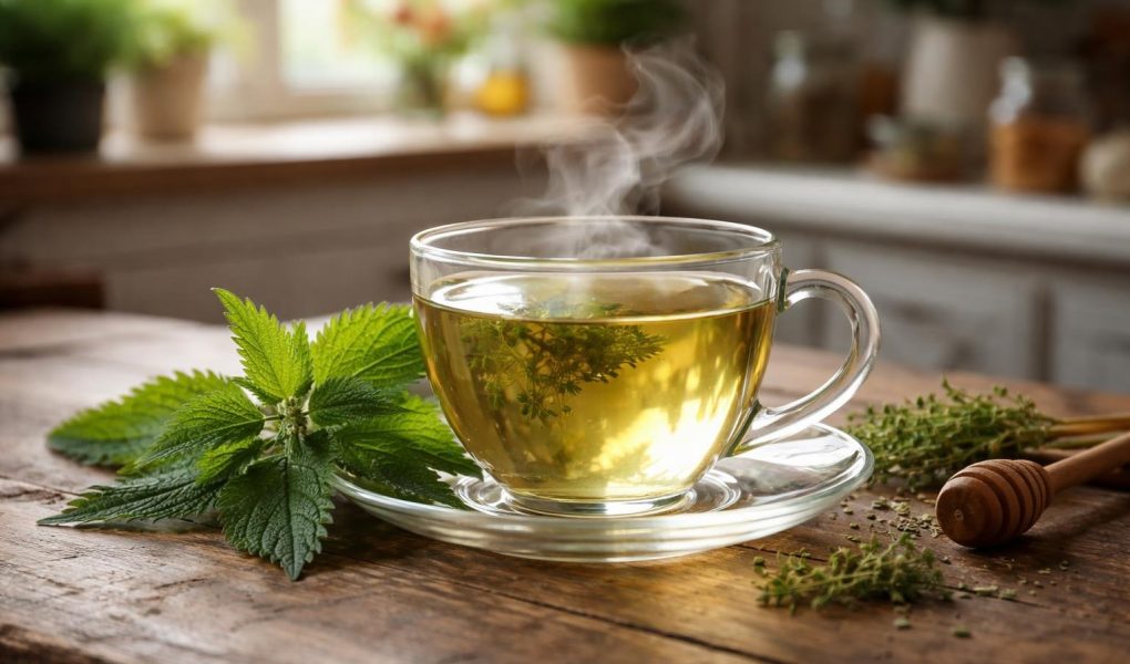 tasse-tisane-table-bois-feuilles-ortie