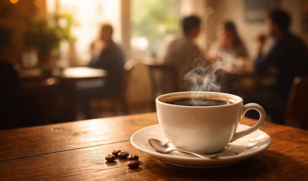 tasse-cafe-table-bois-fond-flou