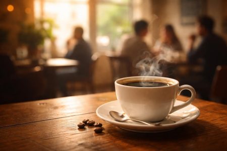 tasse-cafe-table-bois-fond-flou
