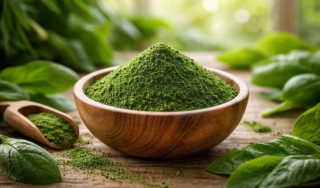 chlorella-poudre-bol-feuilles-bois
