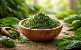 chlorella-poudre-bol-feuilles-bois