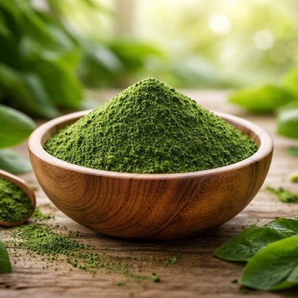 chlorella-poudre-bol-feuilles-bois