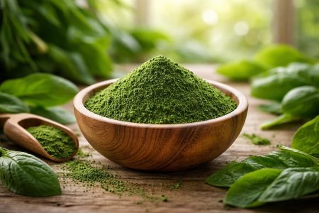 chlorella-poudre-bol-feuilles-bois
