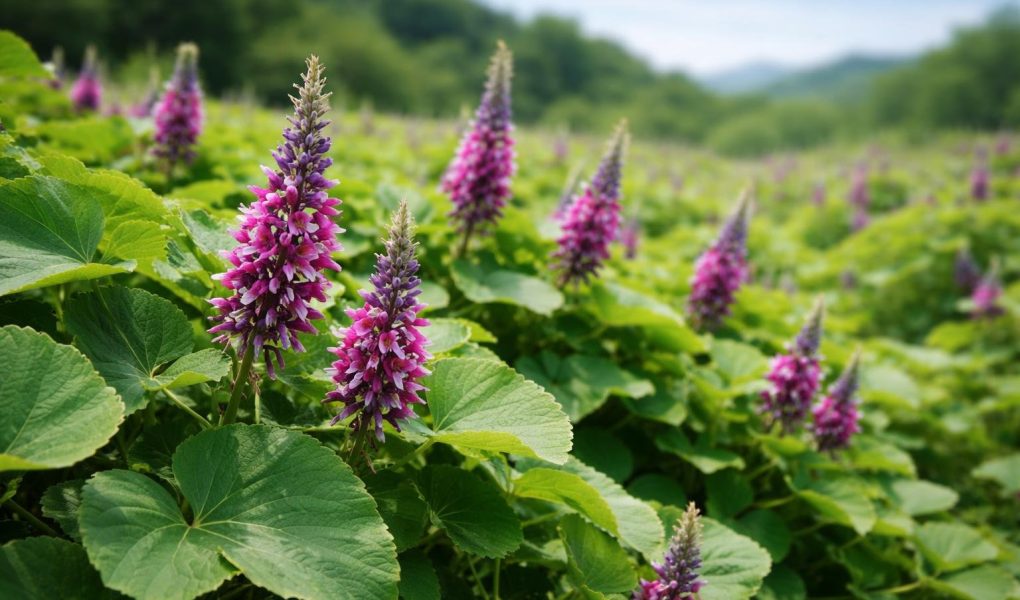 champ-kudzu-fleurs-violettes-ciel-bleu