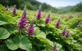 champ-kudzu-fleurs-violettes-ciel-bleu