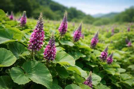 champ-kudzu-fleurs-violettes-ciel-bleu