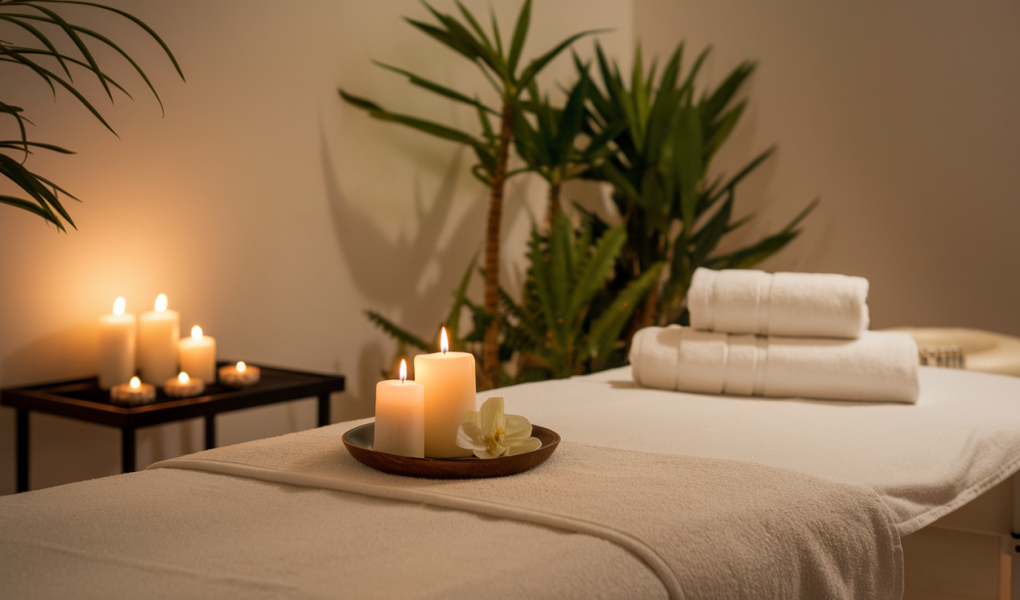 table-massage-bougies-serviettes-plantes