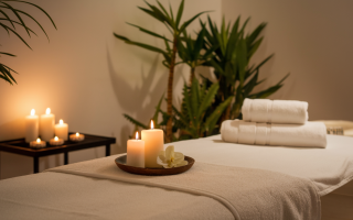 table-massage-bougies-serviettes-plantes