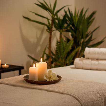 table-massage-bougies-serviettes-plantes